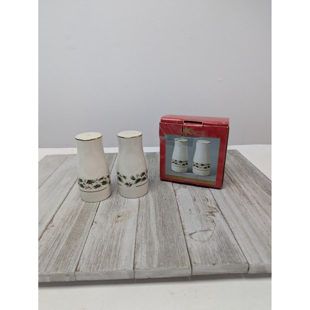 Porcelain Salt & Pepper Shaker Set "A Season Of Wonder" Christmas Holly Design